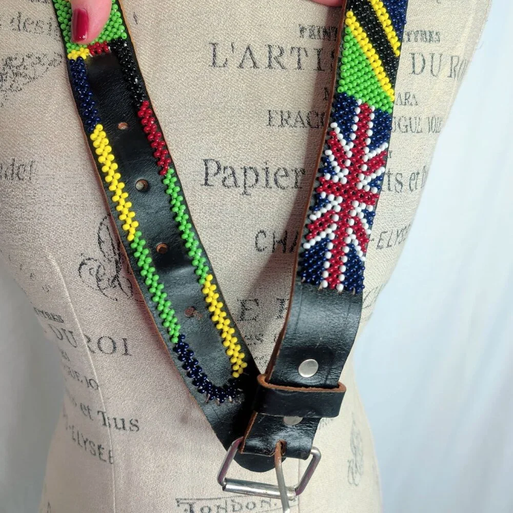 Vintage Beaded Flags Belt Small Leather Black Universal